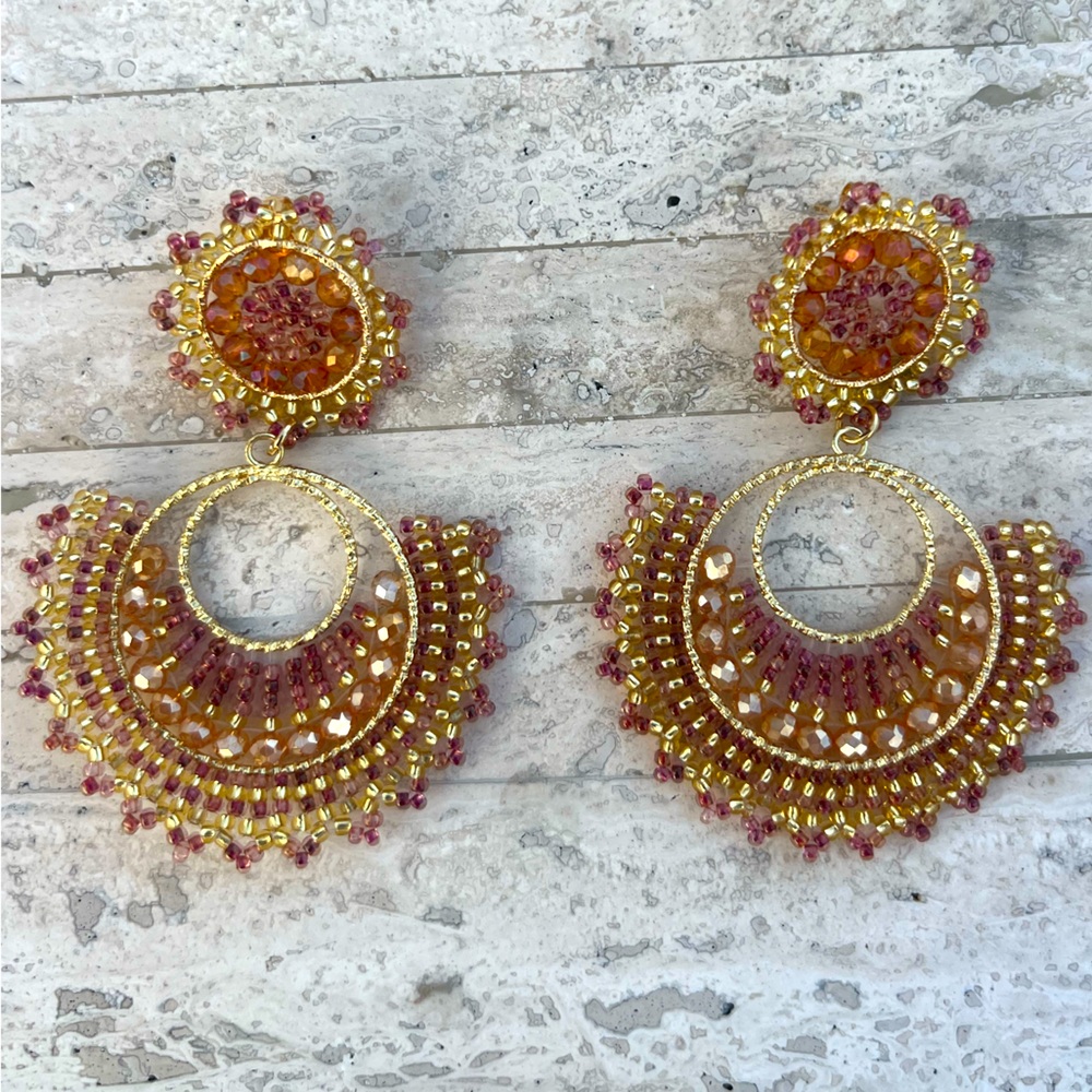Handmade Colombian gold - champagne Beaded Statement Earrings - Light Weight!